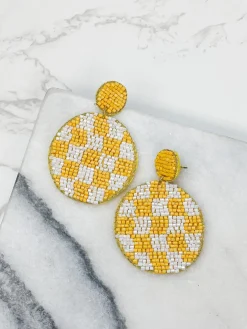 Checkered Beaded Dangled Earrings - Yellow