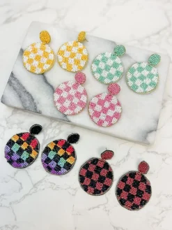 Checkered Beaded Dangled Earrings - Yellow