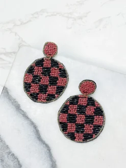 Checkered Beaded Dangled Earrings - Brown
