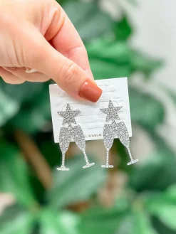 Cheers Rhinestone Dangle Earrings - Silver