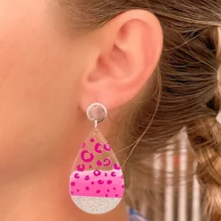 Cheetah Painted Clear Glitter Dangle Earrings - Fuchsia