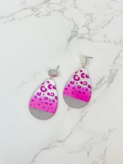 Cheetah Painted Clear Glitter Dangle Earrings - Fuchsia