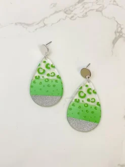 Cheetah Painted Clear Glitter Dangle Earrings - Green