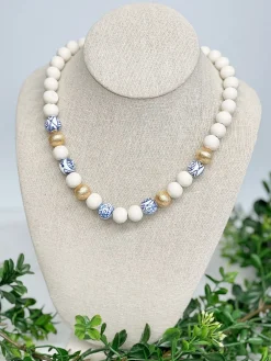 Chinoiserie White & Gold Ball Bead Necklace