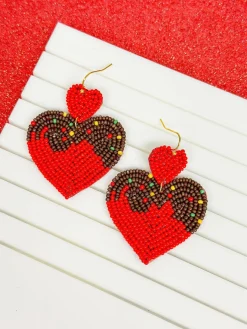 Chocolate Heart Beaded Dangle Earrings - Red