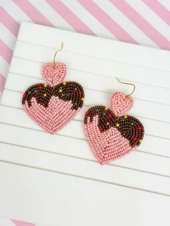 Chocolate Heart Beaded Dangle Earrings - Pink