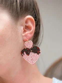 Chocolate Heart Beaded Dangle Earrings - Pink