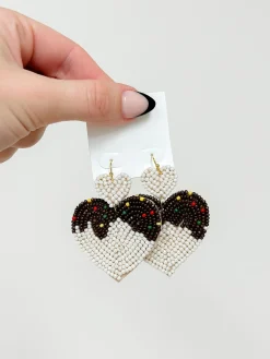 Chocolate Heart Beaded Dangle Earrings - Ivory