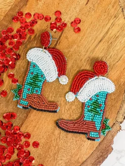Christmas Cowboy Boot Beaded Dangle Earrings