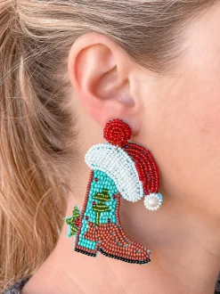 Christmas Cowboy Boot Beaded Dangle Earrings