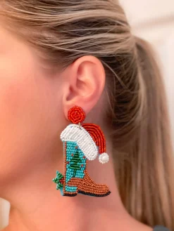 Christmas Cowboy Boot Beaded Dangle Earrings