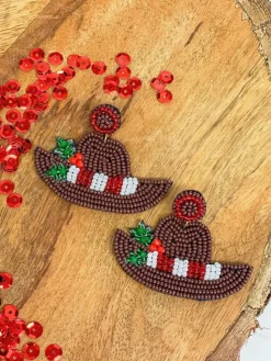 Christmas Cowboy Hat Beaded Dangle Earrings