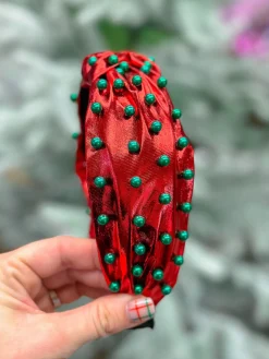 Christmas Pearl Embellished Top Knot Headband - Red