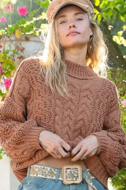Chunky Cable Knit Mock Neck Sweater by POL - Burnt Topaz