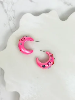 Chunky Rhinestone Bauble Hoop Earrings - Pink