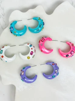 Chunky Rhinestone Bauble Hoop Earrings - Pink