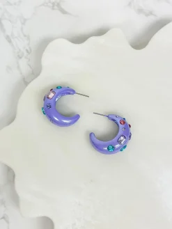 Chunky Rhinestone Bauble Hoop Earrings - Purple