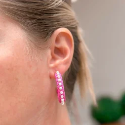 Classic Pearl Lined Hoop Earrings - Hot Pink