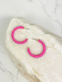 Classic Pearl Lined Hoop Earrings - Hot Pink