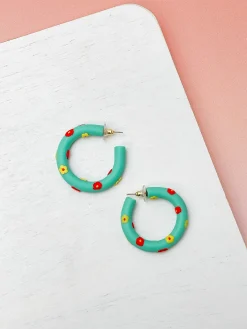 Clay Flower Hoop Earrings - Mint