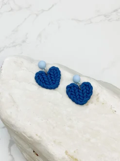 Clay Knit Heart Dangle Earrings - Blue