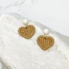 Clay Knit Heart Dangle Earrings - Beige