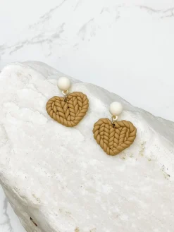 Clay Knit Heart Dangle Earrings - Beige
