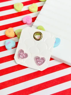 Clear Resin Pink Glitter Heart Studs - Kiss Me