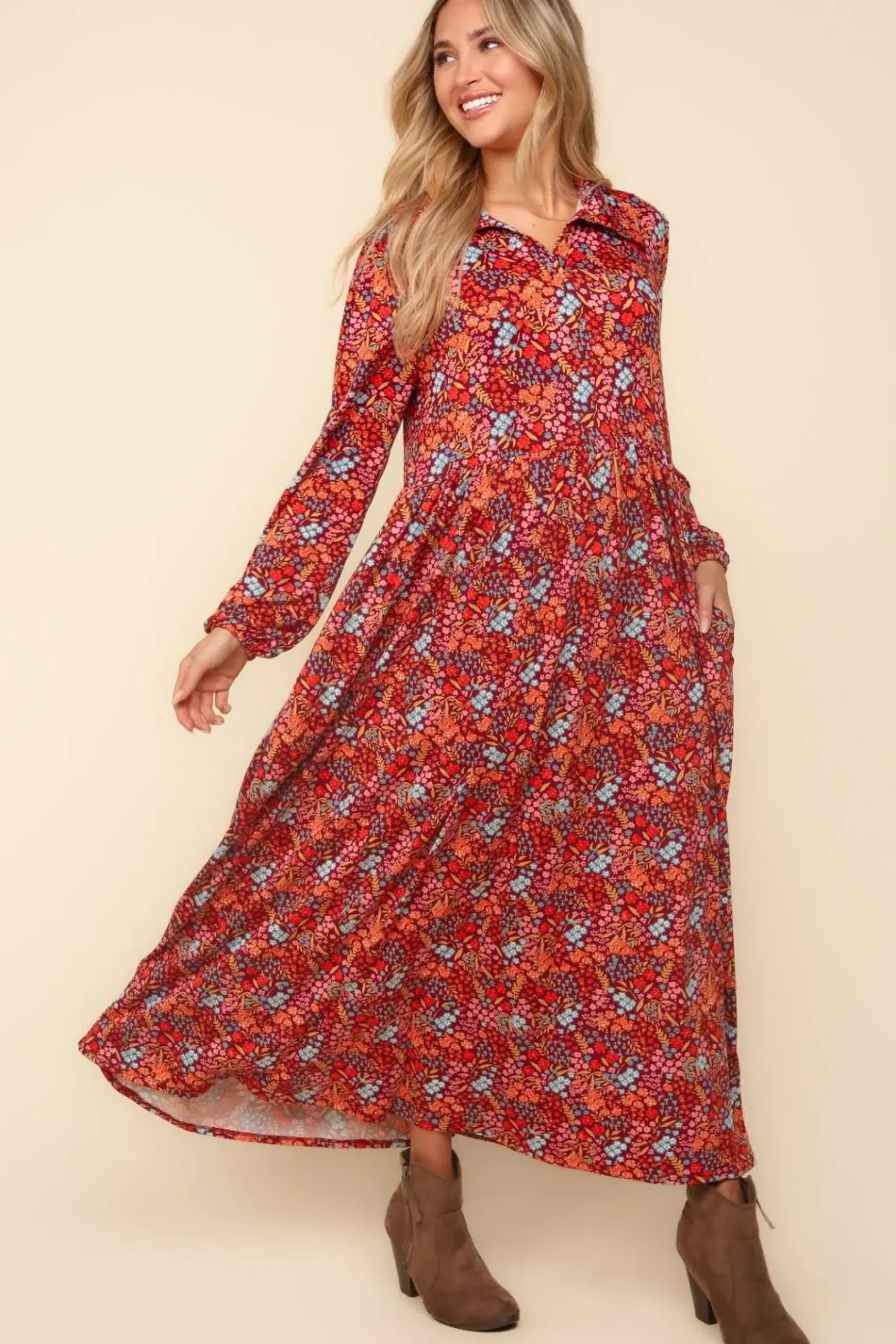 Collared Floral Maxi Dress - Burgundy