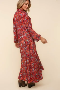 Collared Floral Maxi Dress - Burgundy