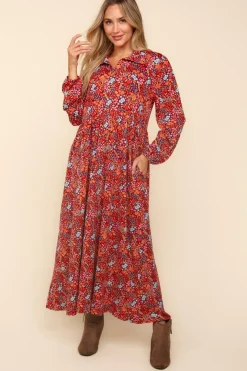Collared Floral Maxi Dress - Burgundy