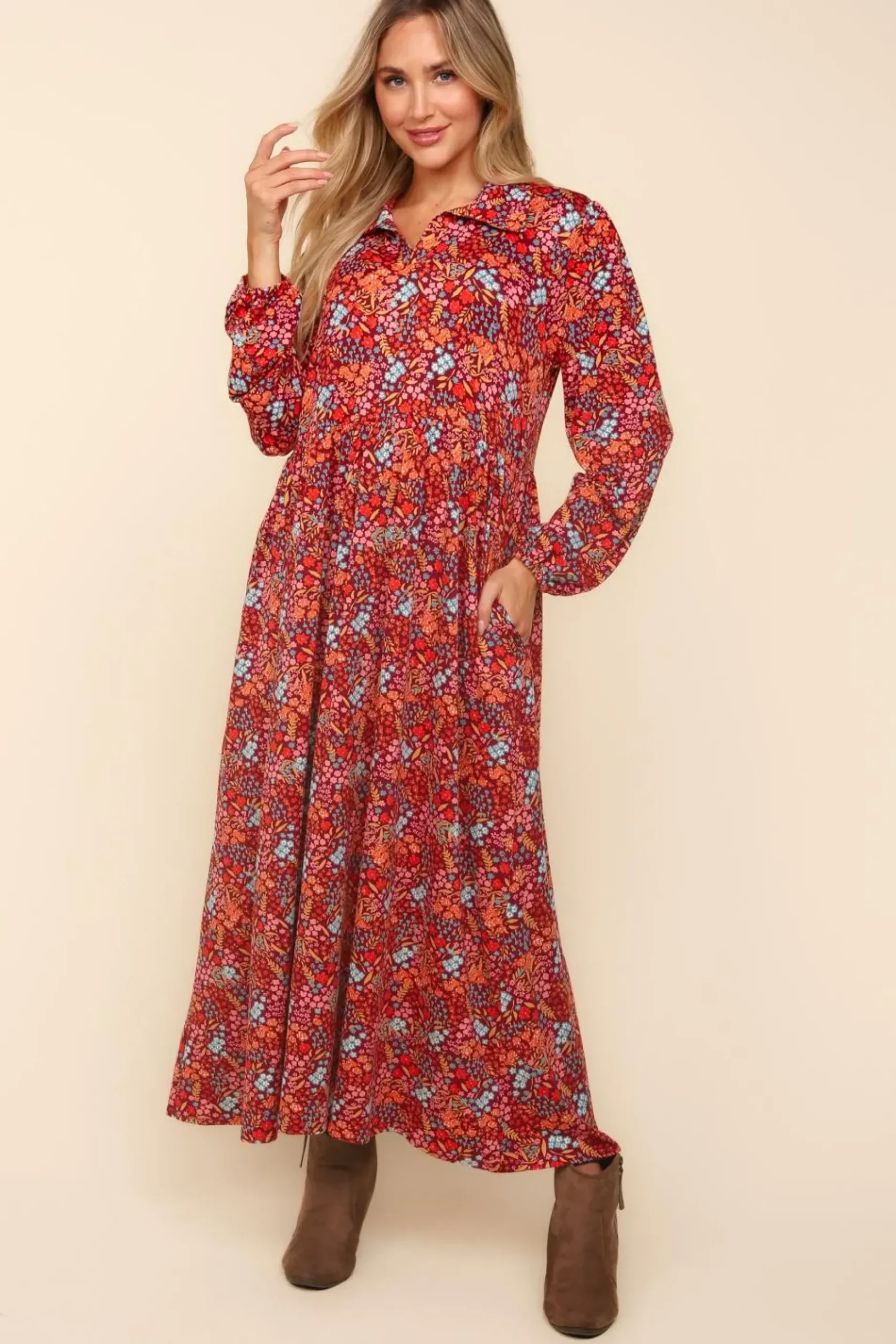 Collared Floral Maxi Dress - Burgundy