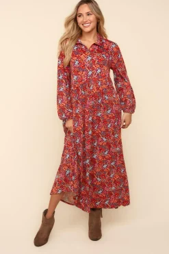 Collared Floral Maxi Dress - Burgundy