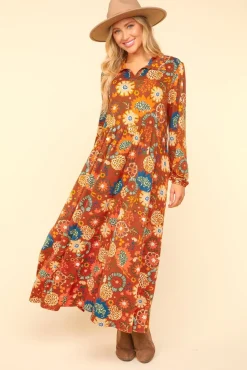 Collared Floral Maxi Dress - Rust
