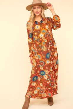 Collared Floral Maxi Dress - Rust