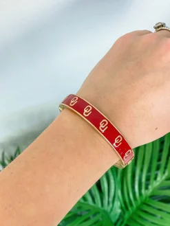 Collegiate Gold Football Hinged Bangle Bracelet - Oklahoma Red