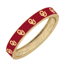 Collegiate Gold Football Hinged Bangle Bracelet - Oklahoma Red