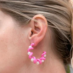 Color Coated Pearl Coil Hoop Earrings - Pink