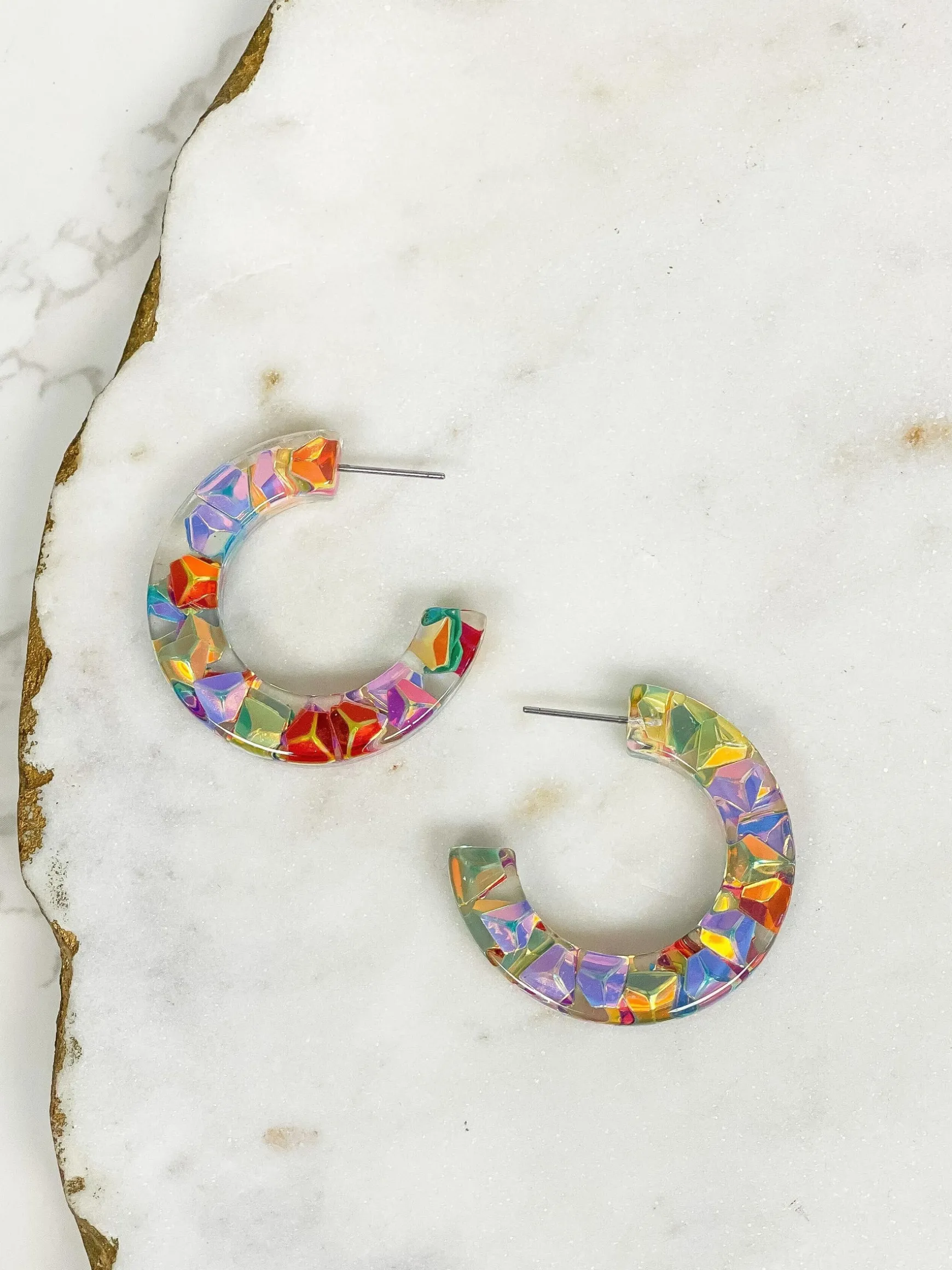 Colorful Clear Resin Hoop Earrings - Multi
