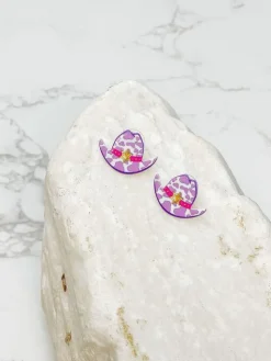 Cow Print Cowboy Hat Stud Earrings - Purple