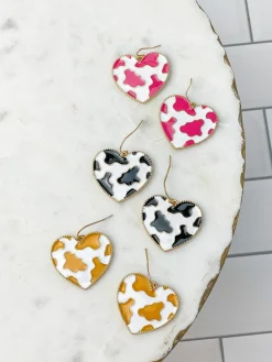 Cow Print Heart Enamel Dangle Earrings - Brown