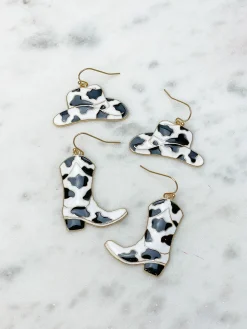 Cow Print Rodeo Hat Dangle Earrings