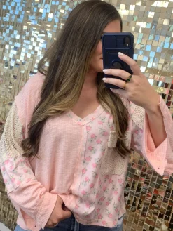 Crochet Pocket Long Sleeve Top by POL - Powder Peach