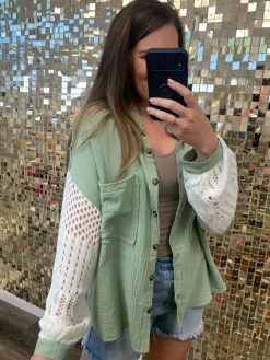 Crochet Sleeve Shacket by POL - Pistachio Sage