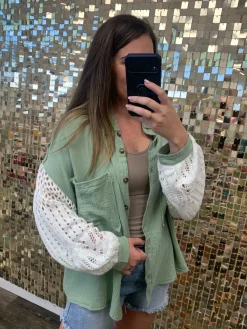 Crochet Sleeve Shacket by POL - Pistachio Sage