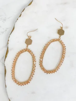 Crystal Beaded Studded Drop Earrings - Beige