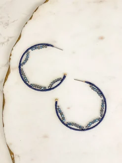 Crystal Beaded Trimmed Hoop Earrings - Navy