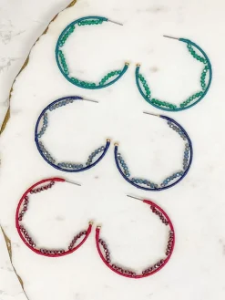 Crystal Beaded Trimmed Hoop Earrings - Navy