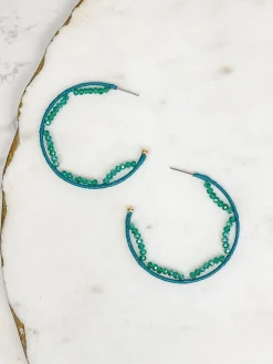Crystal Beaded Trimmed Hoop Earrings - Teal