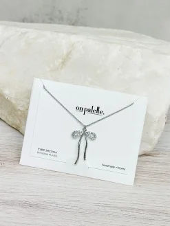 Crystal Bow Pendant Necklace - Silver
